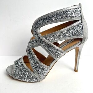 Steve Madden Immence Silver Sparkly Glitter Strappy Heels Stilettos Size 8.5